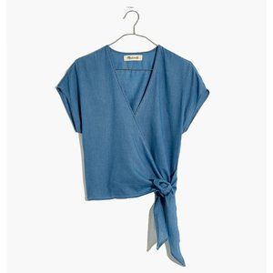 Madewell Women's Denim Blue Short-Sleeve Wrap Top/Shirt in Faded Indigo. Size S